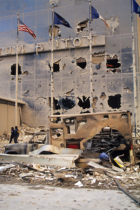 A burned out EMS vehicle in front of the Millennium Hilton Hotel, right across Church Street from the World Trade Center