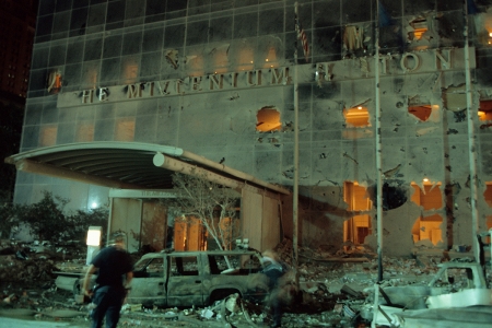 Destroyed façade of the Millennium Hilton, across the street from the World Trade Center